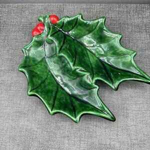 Retro Christmas Holly Leaf Candy Dish Green Red Berries Vtg Holiday USA MCM